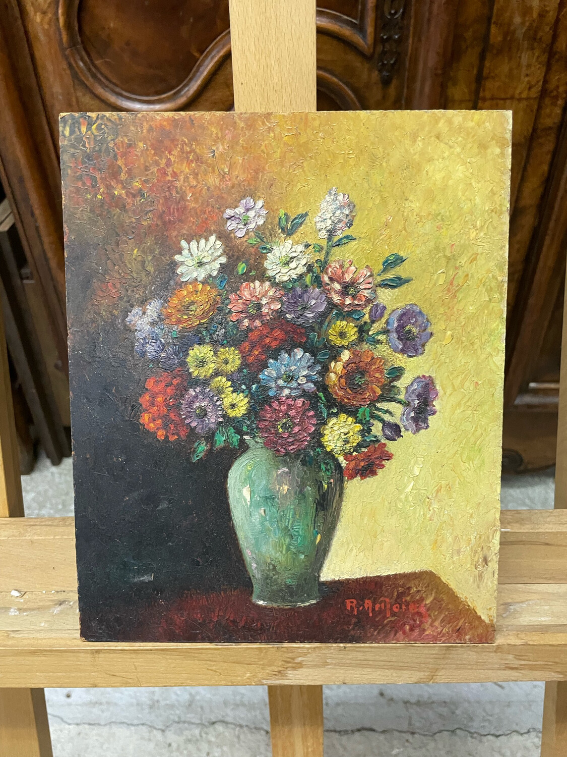 Atelier R.ANTOINE : Bouquets de fleurs hs isorel signé en bas à droite - 27x22 cm