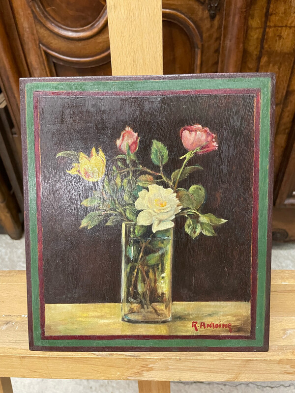 Atelier R.ANTOINE : Bouquets de rose jaune blanche et rose faux cadre vert - 20 x 22,5 cm