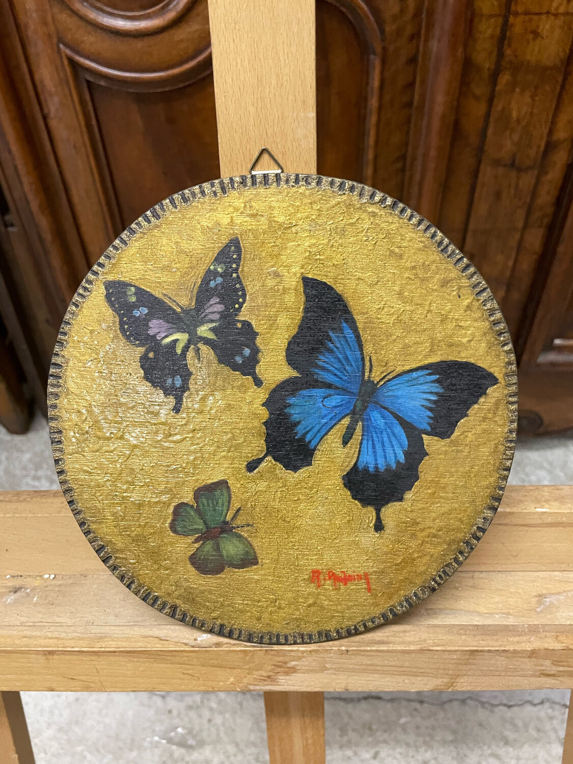Atelier R.ANTOINE : papillons huile sur panneau - diamètre 20 cm sans cadre