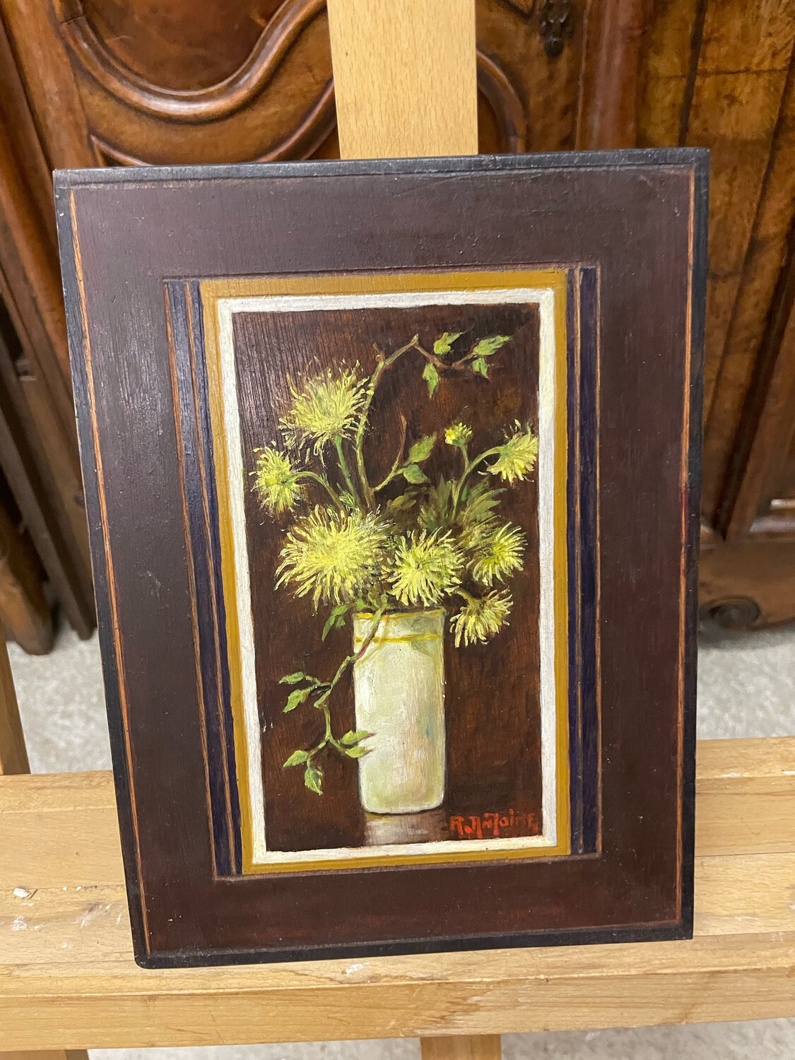 Atelier R.ANTOINE : Bouquets de fleurs jaune avec un trompe l'œil cadre marron - 19 x 25,5 cm