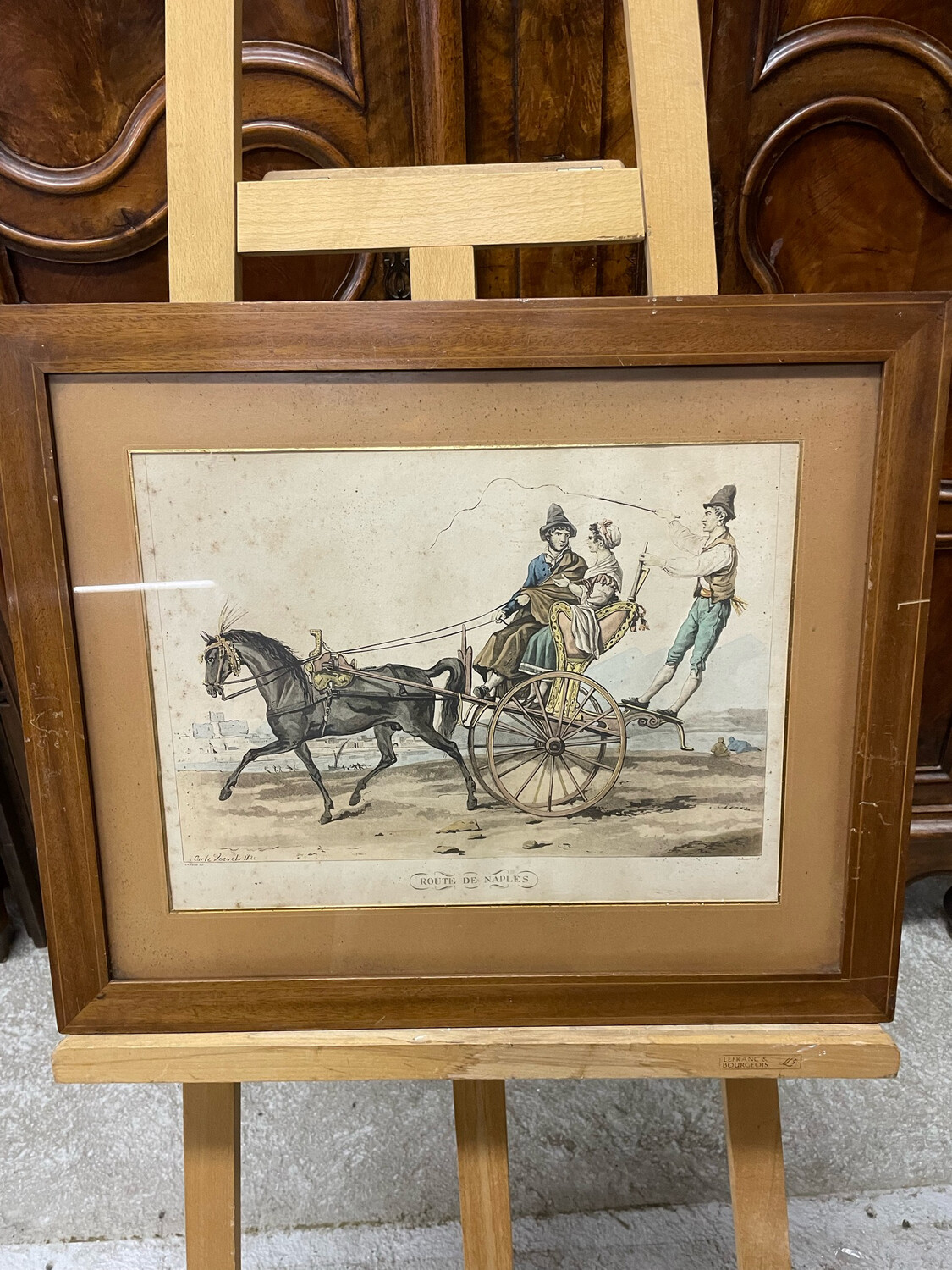 Cadre en bois "Route de Naples" représentant un couple dans une calèche - 60 x 50 cm