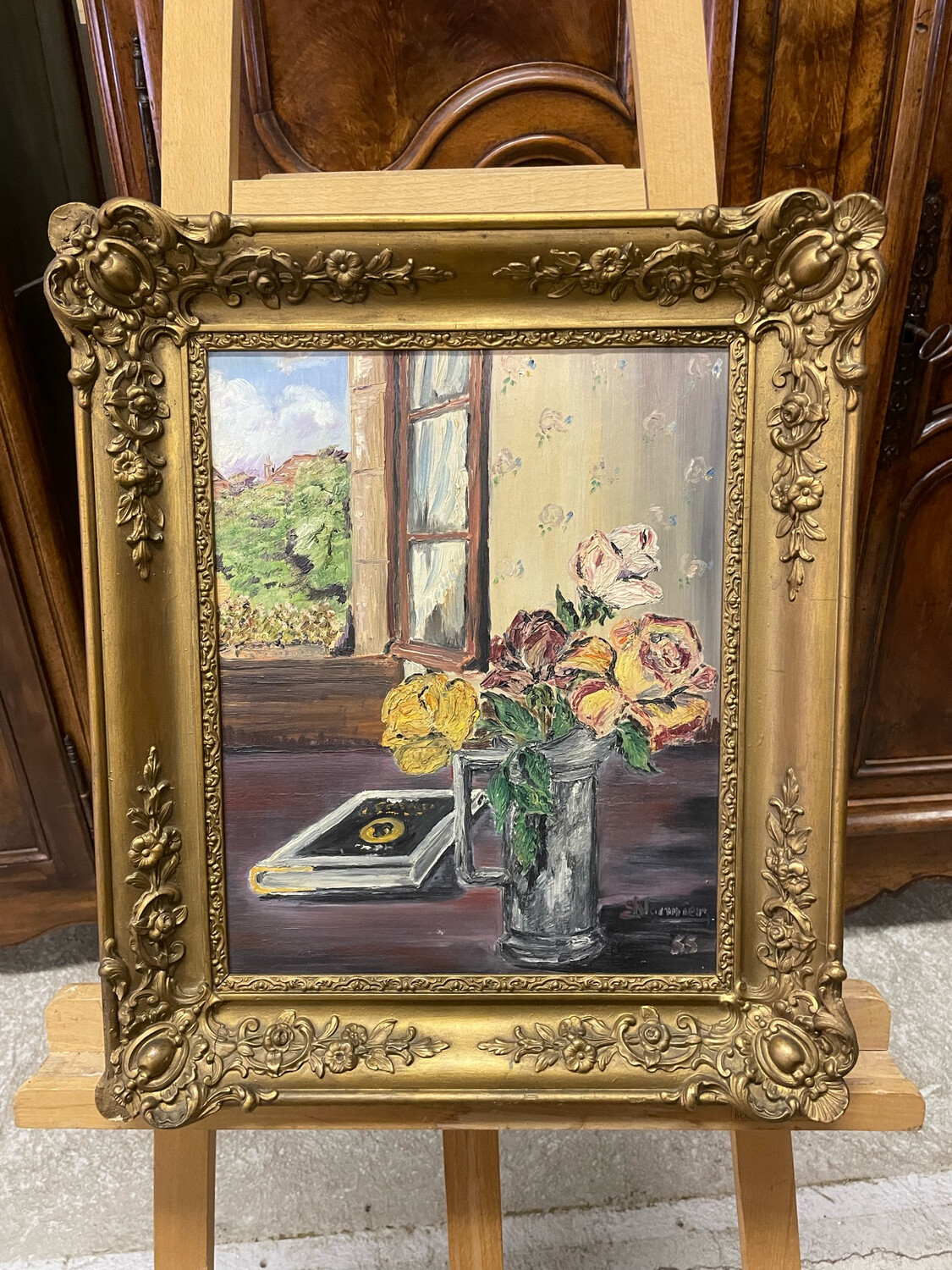 E.VANNIER - Nature morte aux fleurs et anémones, 1 huile/isorel, signé en bas à droite, datée 55 - 41 x 32.5 cm