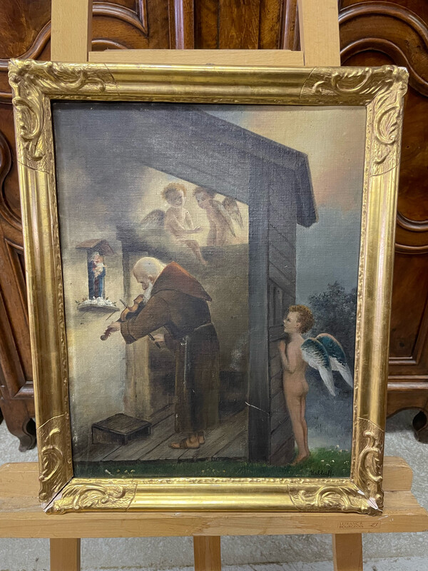 WALDRAFF - Moine au violon et amours, huile/carton toilée, signé en bas à droite - 48 x 37.5 cm