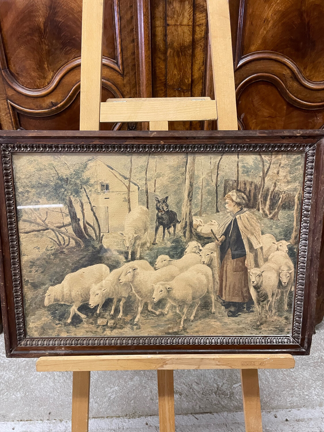 Très belle aquarelle à la bergère sous verre avec joli cadre en bois - 70 x 51
