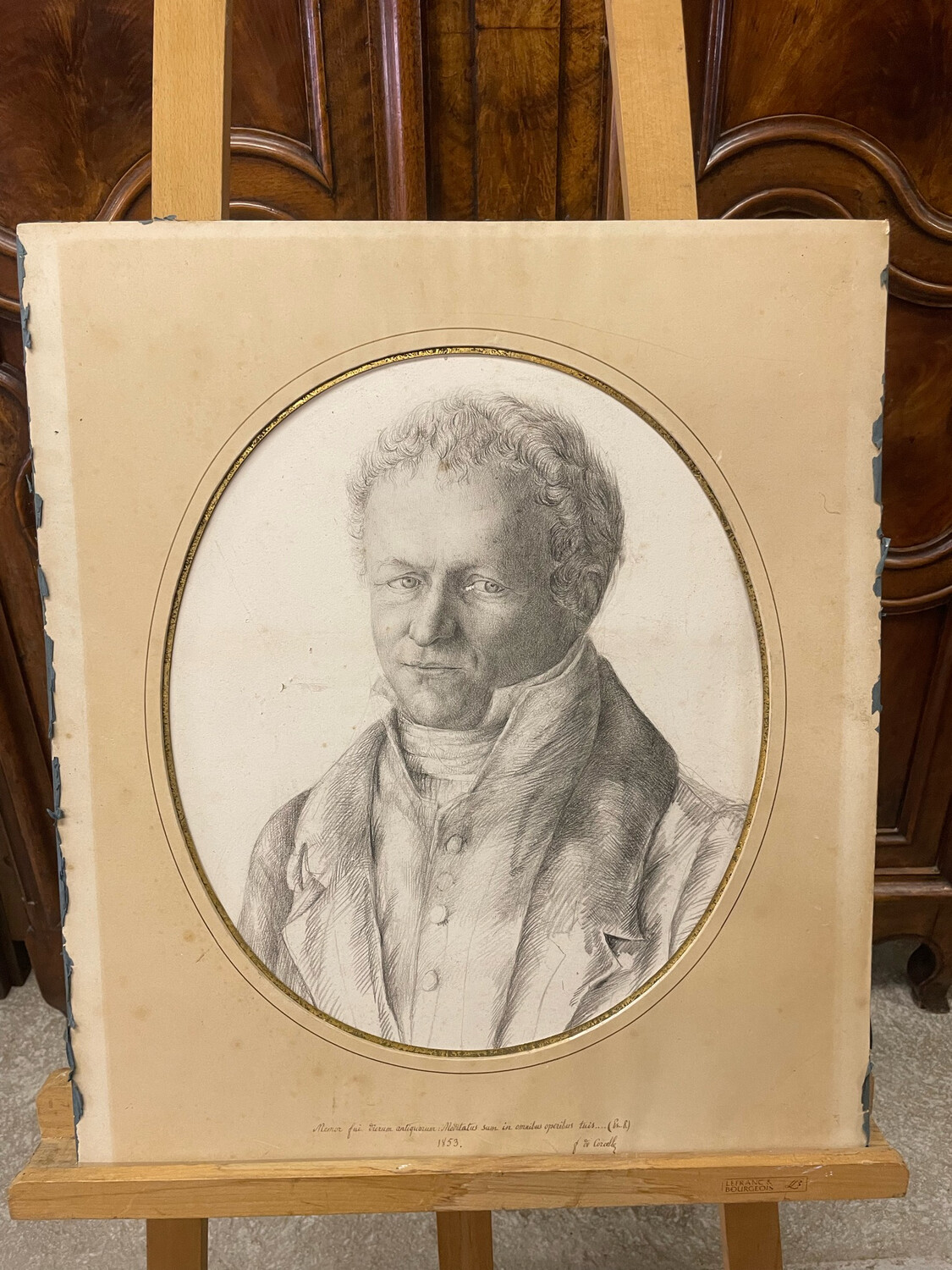 F. de CORCELLE : portrait d'homme, mine de plomb et estompe signée et datée 1853 avec extrait en latin du psaume (143 - 142, verset 5)