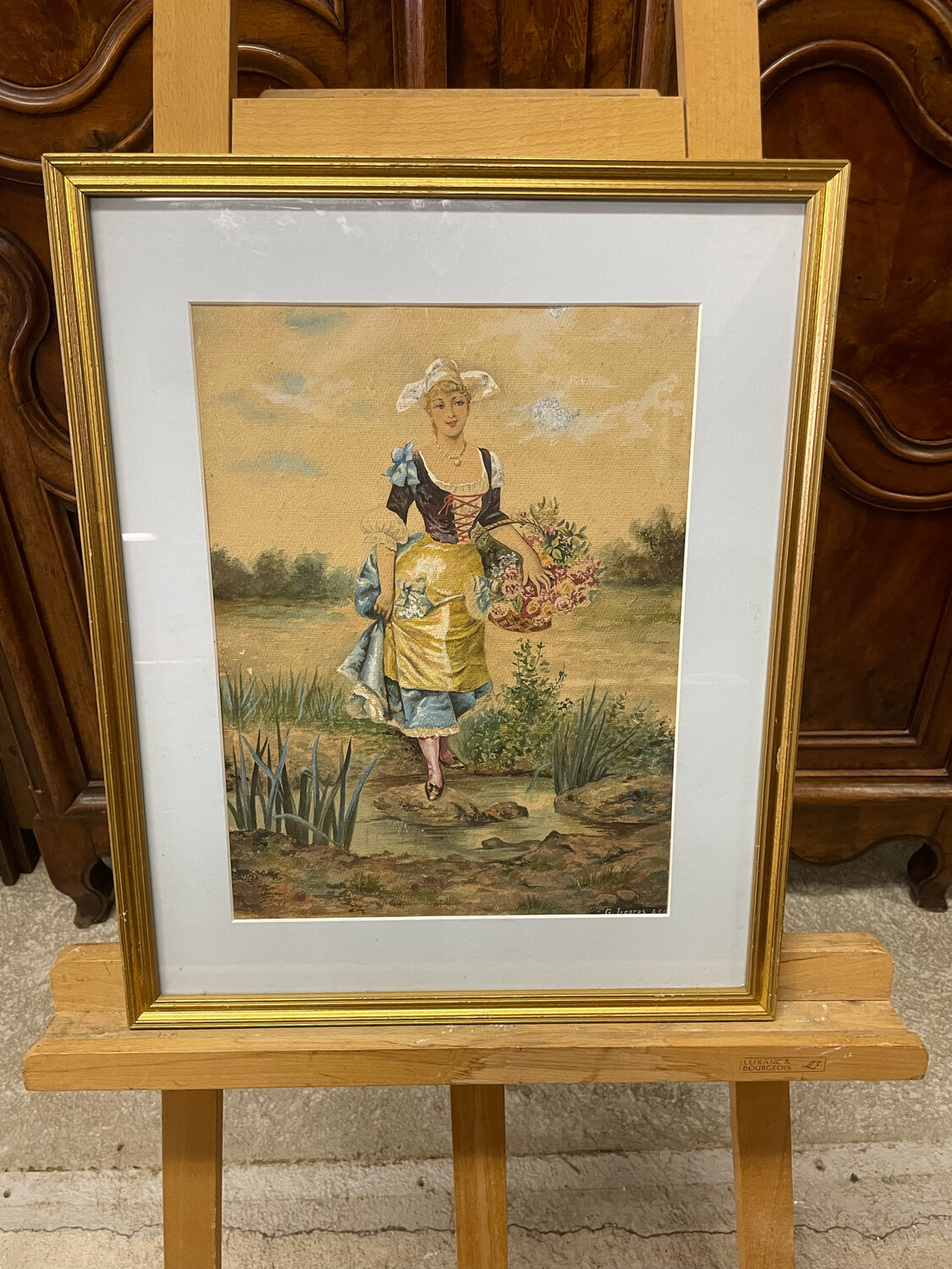 G. LEGROS; Femme au panier de fleurs. Signé. 38 
x 29 cm