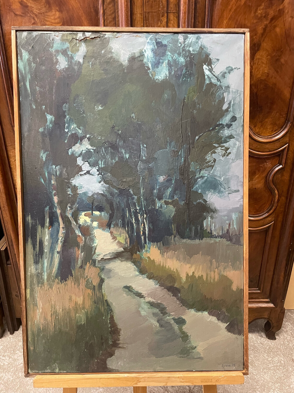 FEVE Annie (1946-2020) - "Allée boisée" 72. huile sur toile, signé en bas à droite et datée - 92.5 x 60 cm. Petit troues