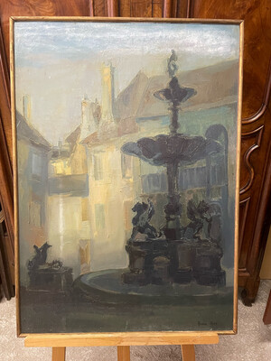 FEVE Annie (1946-2020) - Fontaine, rue H DUCROT, Huile sur toile, signé en bas à droite - 92 x 65 cm