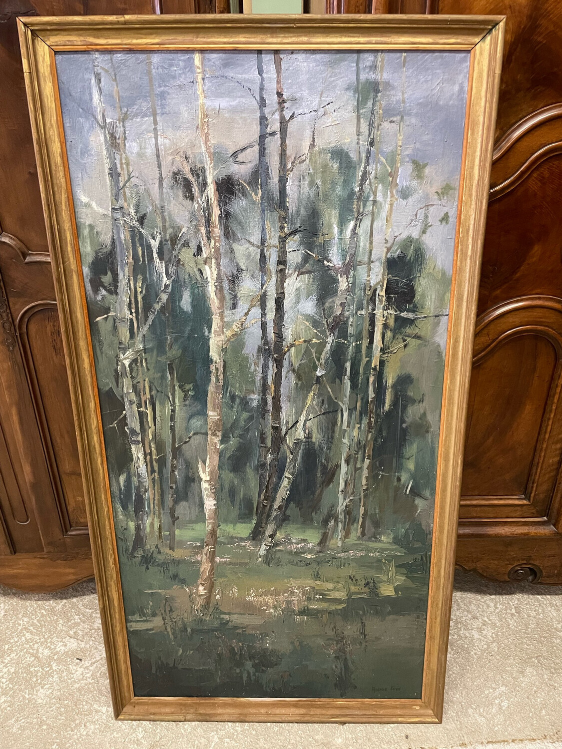 FEVE Annie (1946-2020) - Paysage aux bouleaux, Huile sur toile, signé en bas à droite - 140 x 70 cm.
