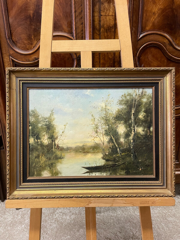 Huile sur toile représentant les marais,  bord de rivière avec une barque - 58 x 45 cm
