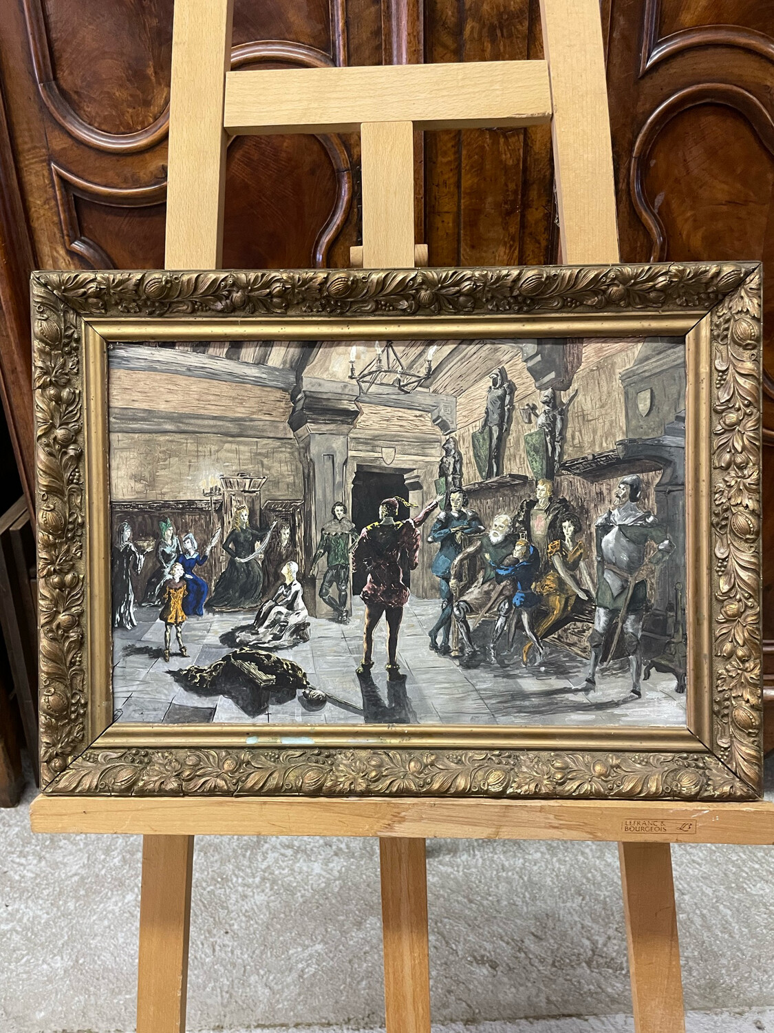 Ecole moderne "Scène d'intérieur médiéval" gouache 32 x 47 cm