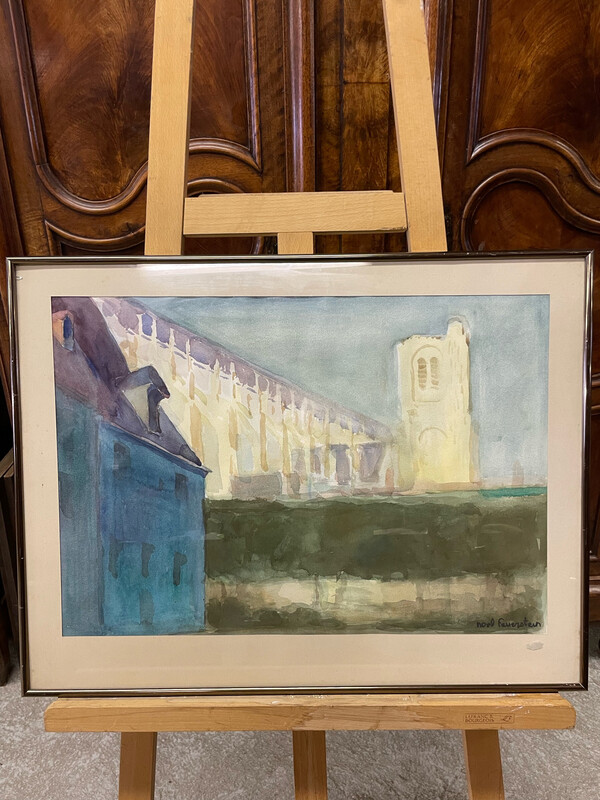 FEUERSTEIN Noël (1904-1998) - "Cathédrale" Vue de la place Montaigne, aquarelle signé en bas à droite - 38.5 x 56 cm.