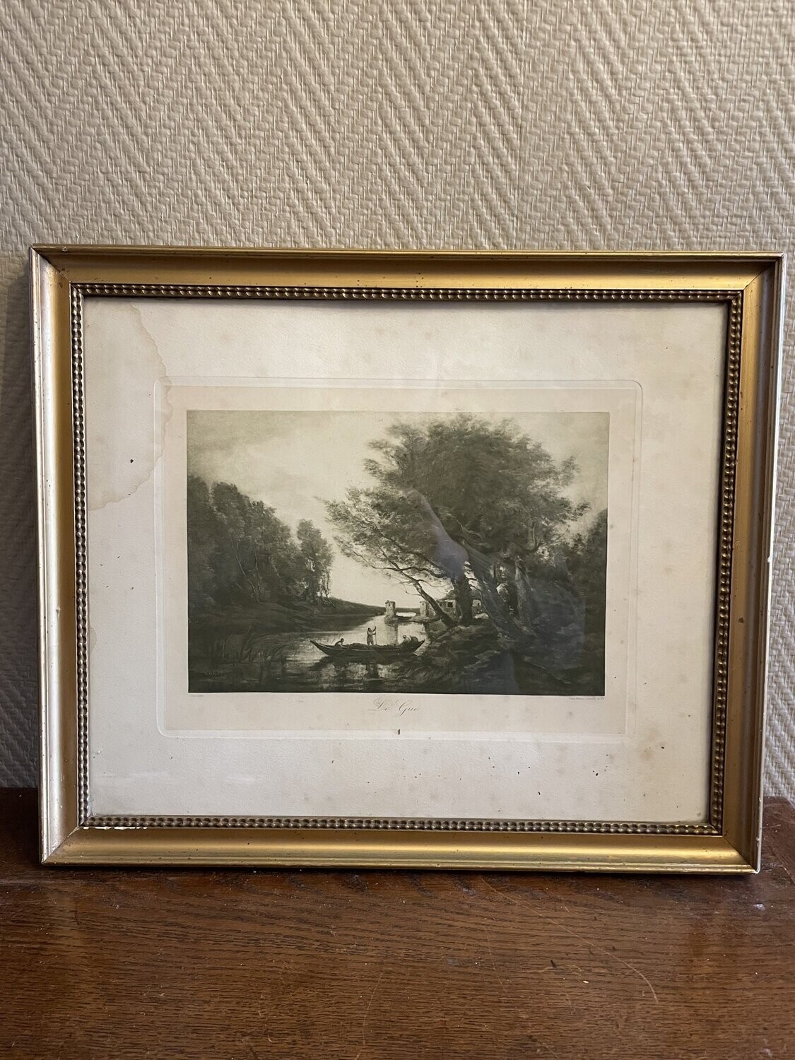 Gravure représentant un paysage en noir et blanc "Le gué" - 46 cm x 40 cm
