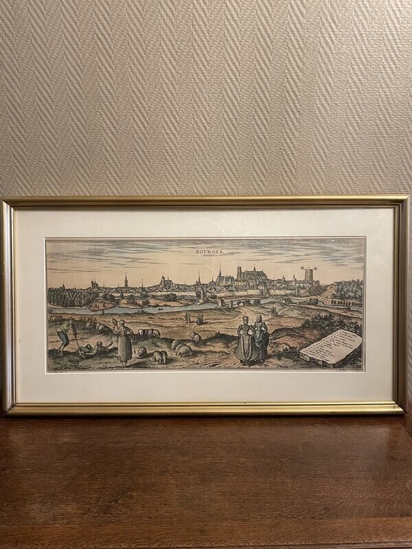 Vue de la ville de Bourges retirage gravure ancienne d'après D.Linault et Merian , couleur. 26 x 62cm.