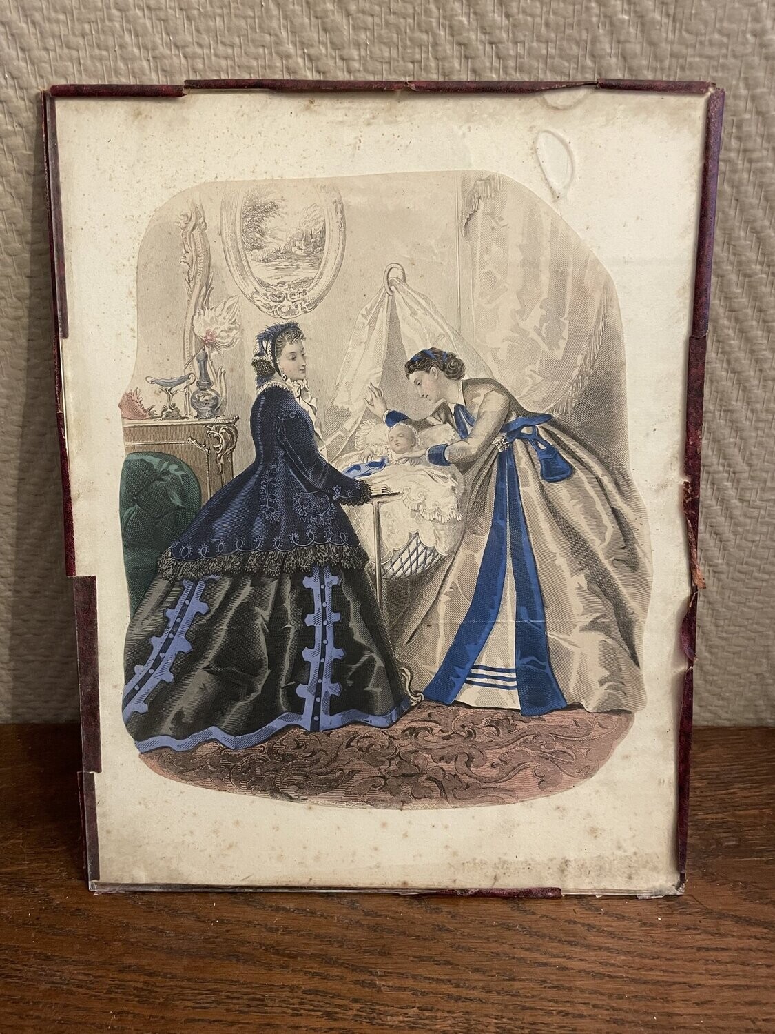 Gravure représentant une naissance, en couleur - 25 x 32 cm