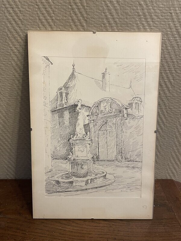 Bourges - Fontaine devant l'Hôtel de Bengy et l'Hôtel d'Angleterre. Gravure en noir et blanc - 24 cm x 36 cm