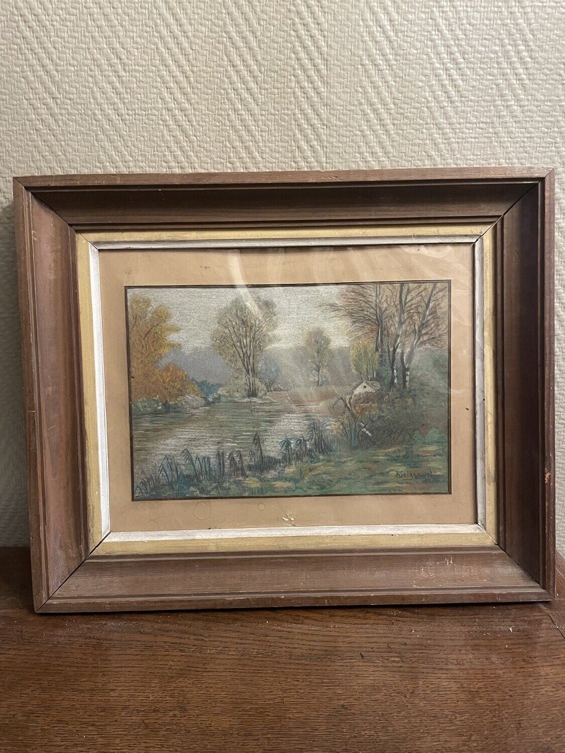 R. SEIGNOURET : paysage à l'étang, pastel - 20 x 30 cm