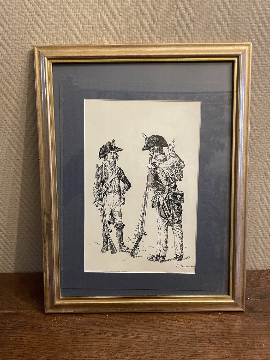 Gravure représentant 2 soldats d'époque par Rousselot - 34 cm x 44 cm
