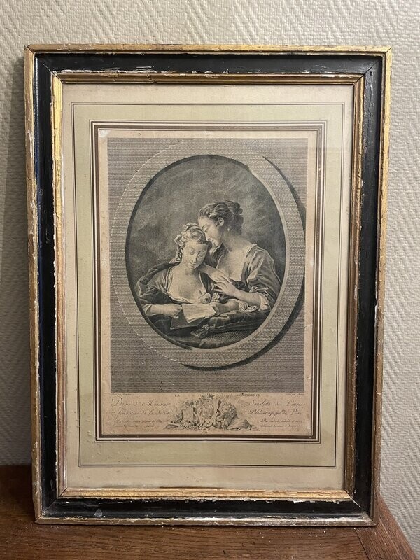 Reproduction d'après gravure "La confidence" par Miger -  44 cm x 59 cm