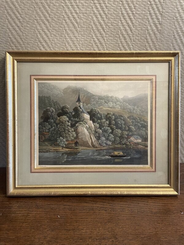 D'après S. BIRMANN : Gravure couleur représentant un paysage de montagne et rivière animée - 19 x 24.5 cm