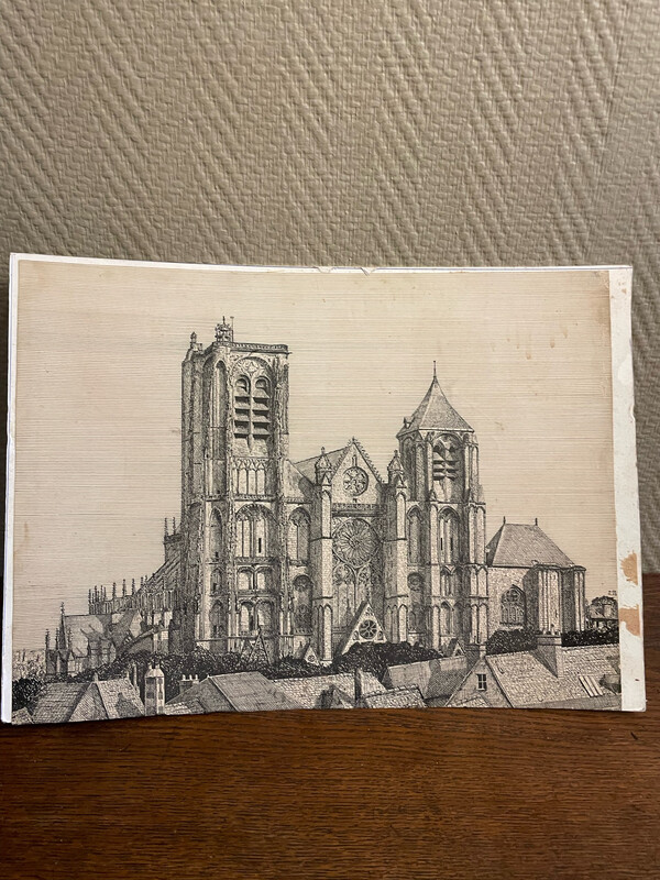 Partie de dessin à l'encre représentant la Cathédrale de Bourges - 29.5 x 39 cm.