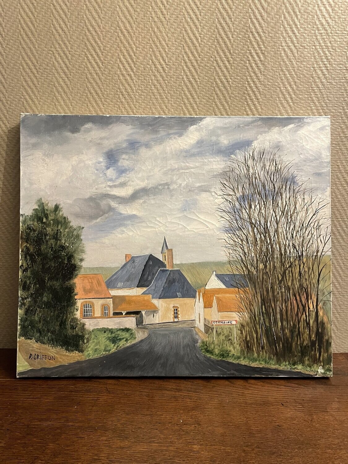 "Germaine" de R. Griffon huile représentant un village - 55 cm x 46 cm