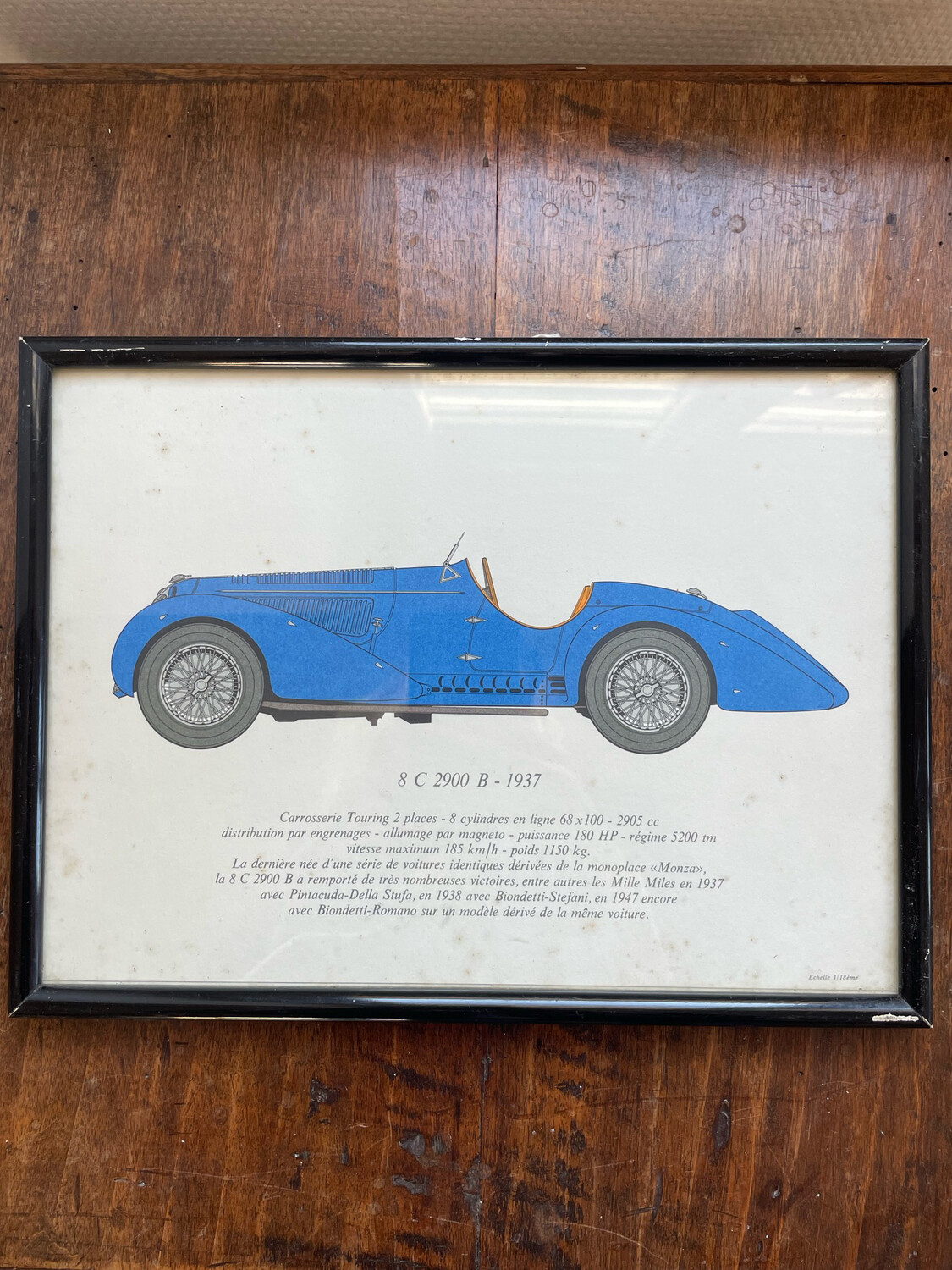 Cadre representant une voiture 8C 2900 B de 1937 - 31,5 x 23,5 cm