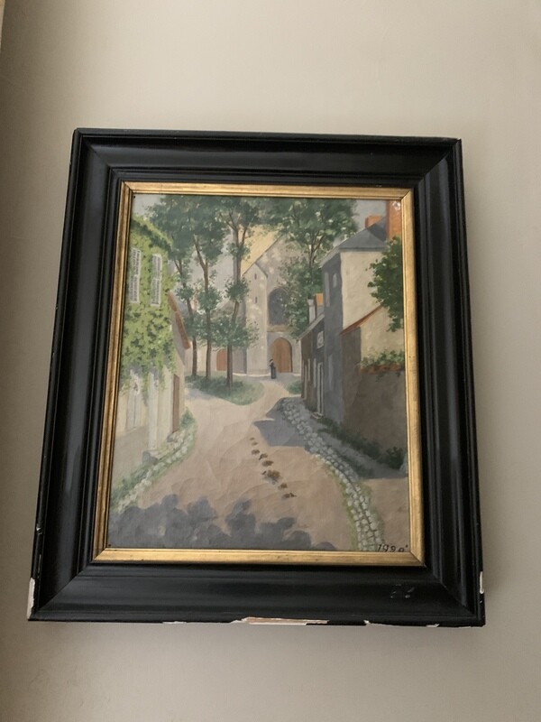 Huile sur toile représentant un parvis d'église animé 45 x 54 cm