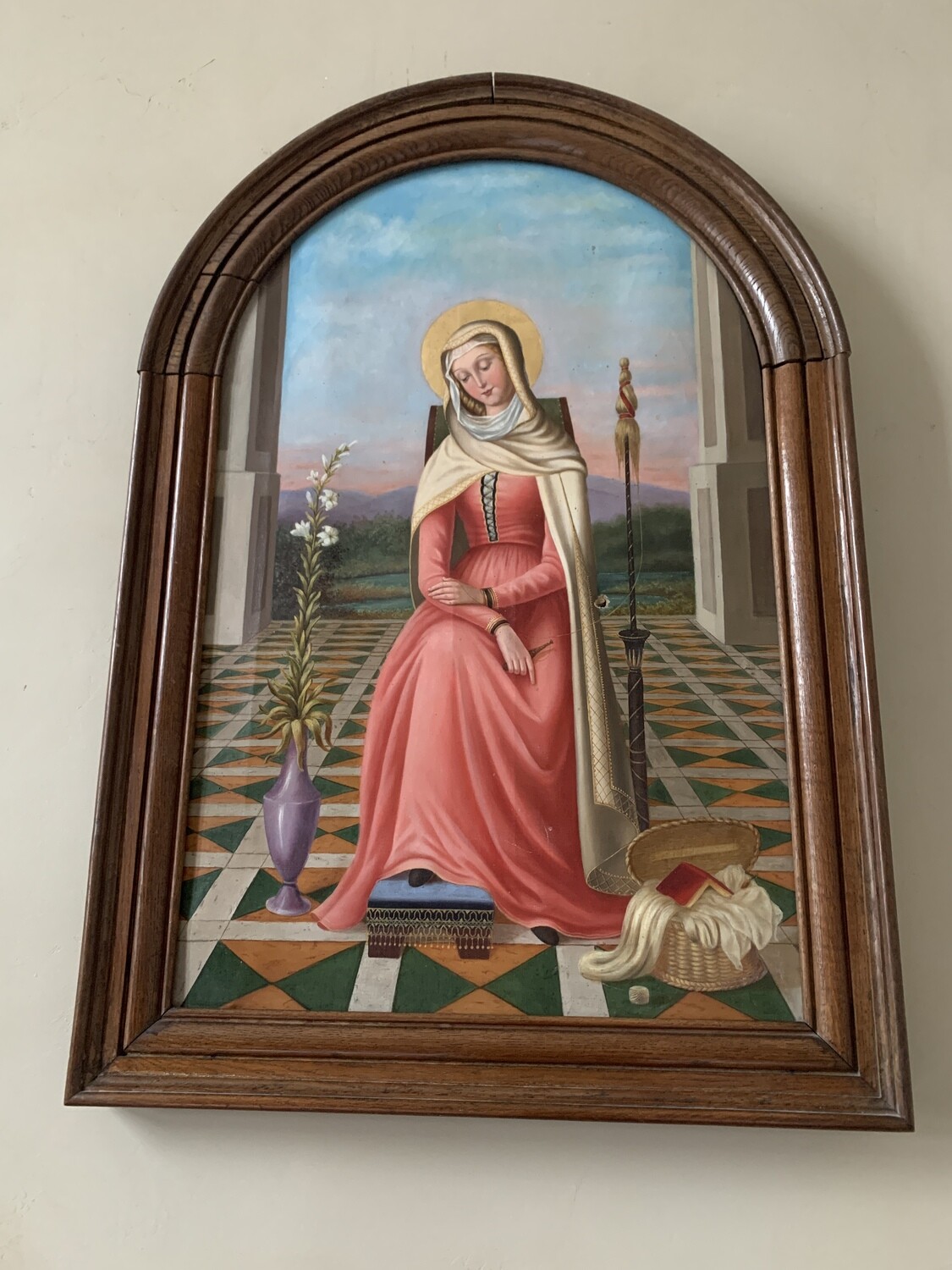 Huile sur toile représentant une religieuse  Accident à la toile. Cette peinture a été réalisée par une religieuse de Bourges, en 1899. -  98 x 67,5 cm