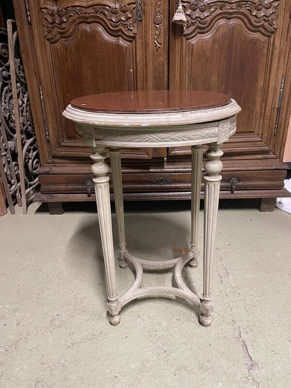 Guéridon laqué gris avec dessus marbre griotte - Style Louis XVI, fin XIXème