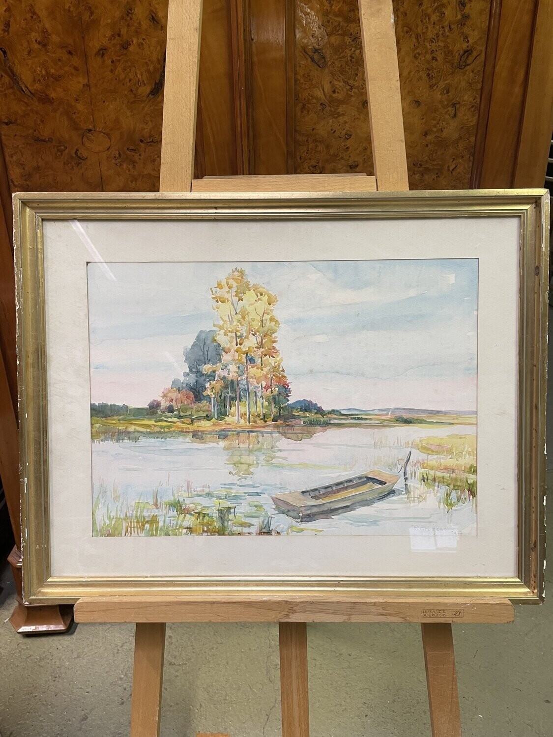 P. GROJEAN 1977 "paysage à la barque" aquarelle sbd 38x52