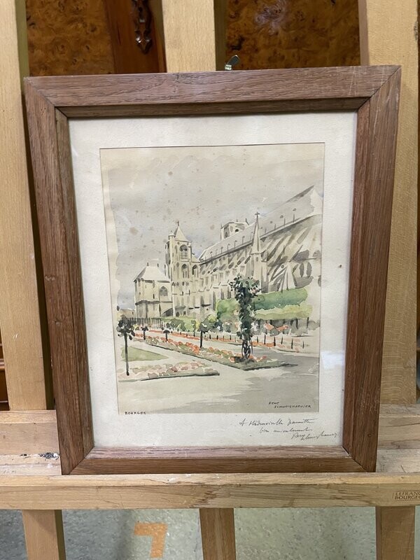René SCHWEIGHAEUSER, la cathédrale vue des jardins de l'Archevêché de Bourges, aquarelle sbd - 15x18