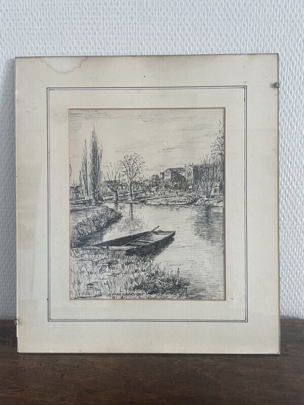 B.MARGUERITAT 81 : dessin à l'encre représentant les marais de BOURGES. 33,5x29
