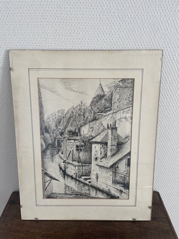 B.MARGUERITAT 81 : dessin à l'encre représentant les environs de BOURGES. 41,5x33,5