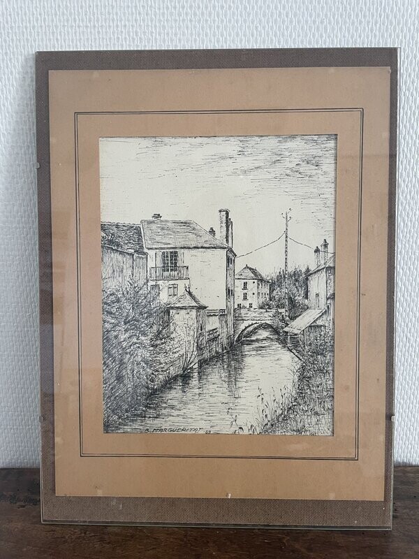 B.MARGUERITAT 83 : dessin à l'encre représentant les environs de BOURGES. 40x30