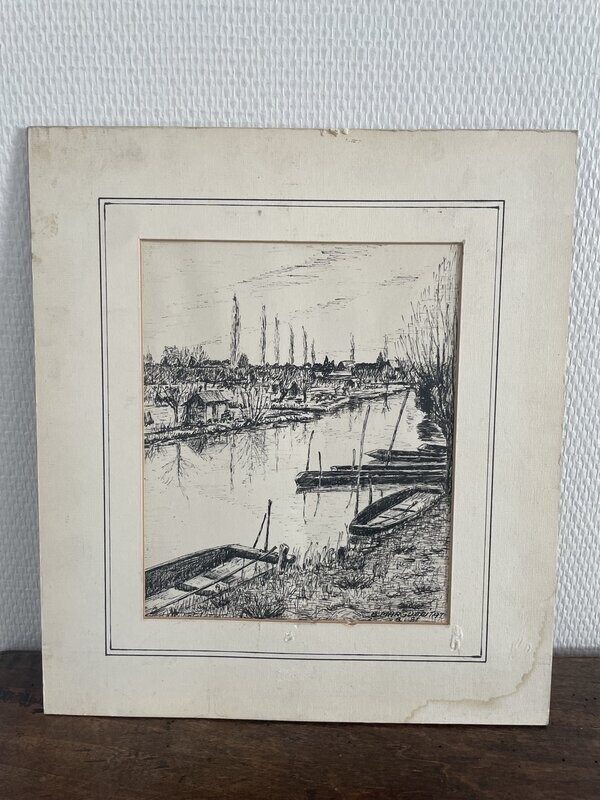 B.MARGUERITAT 81 : dessin à l'encre représentant les environs de BOURGES. 33,5x29,5