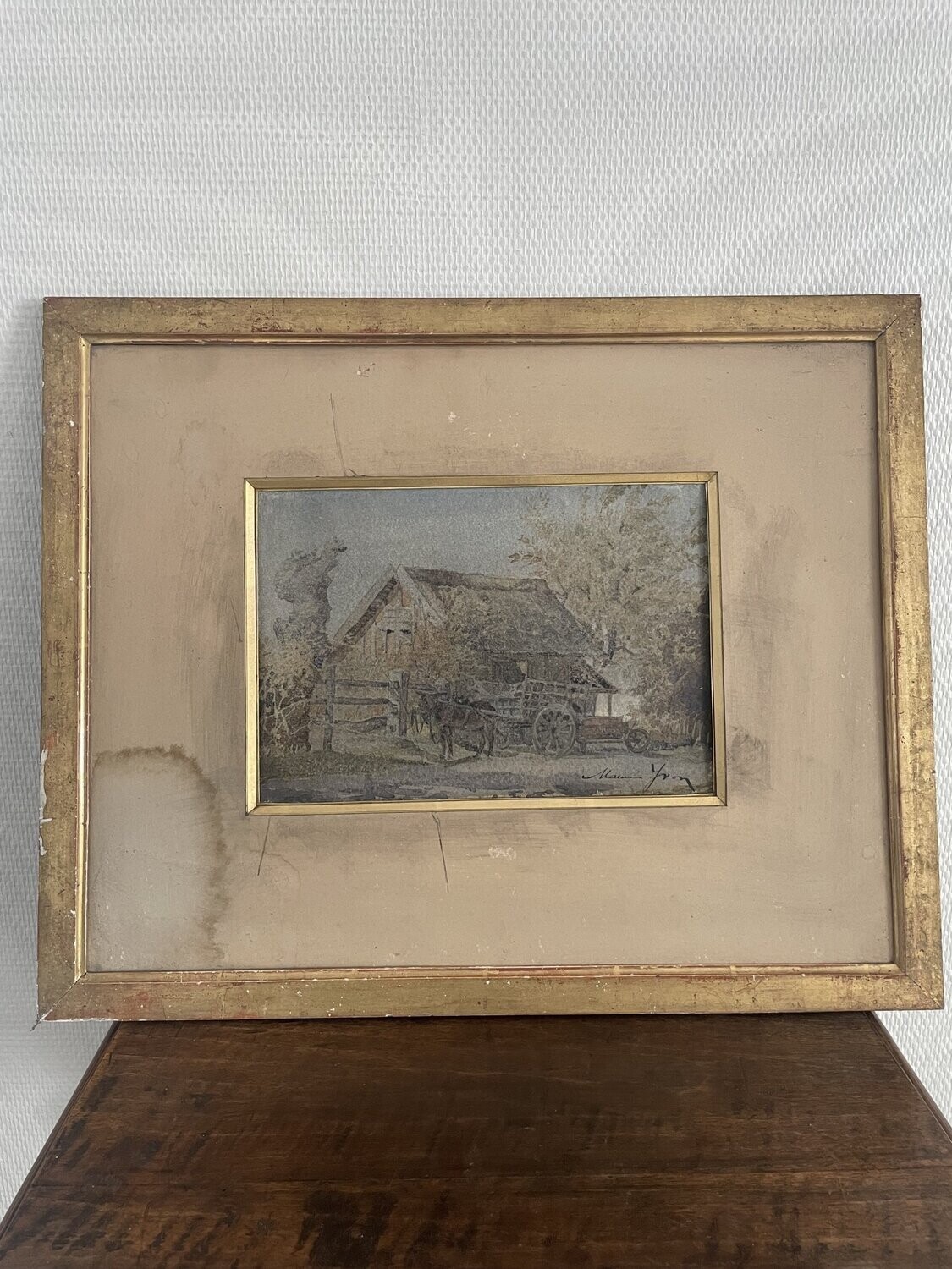 Aquarelle représentant une ancienne ferme par M.YVON. 42x52,5