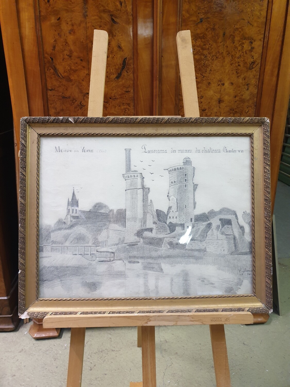 Dessin représentant "Mehun-Sur-Yèvre" Panorama des ruines du château Charles VII - 71,5 x 56 cm