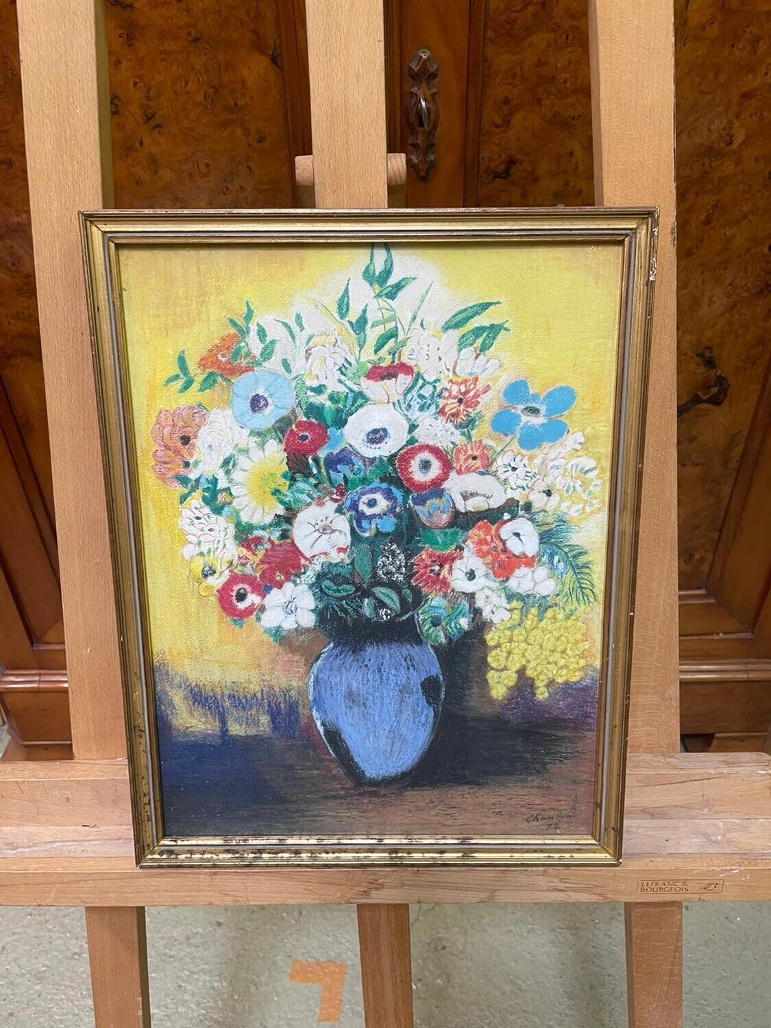 Pastel encadré représentant un bouquet de fleurs - 40x31 cm -
