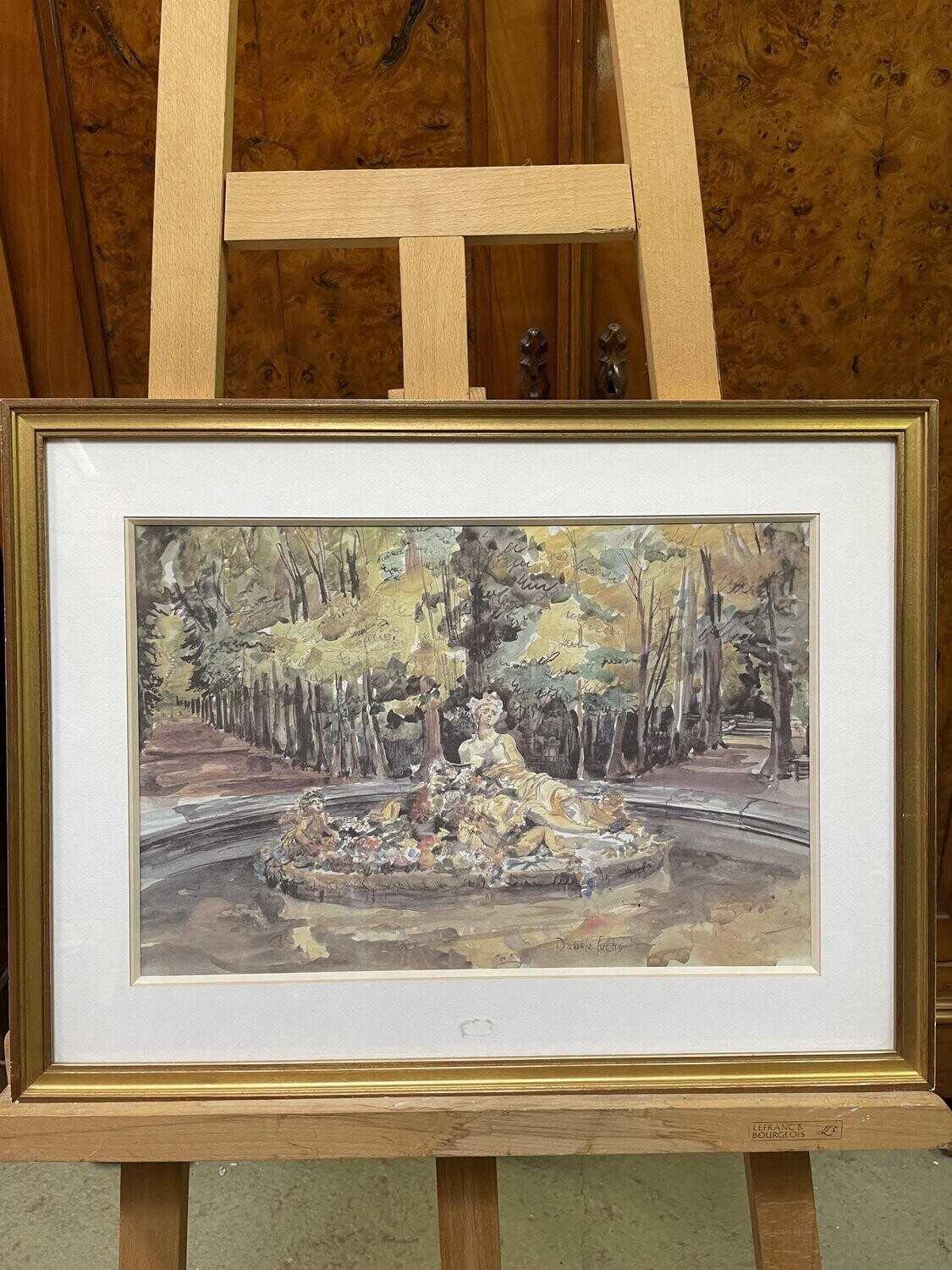FUCHS Daniel (1931-2013) "Allégorie sculptée au milieu d'un bassin dans un parc" Aquarelle - 28 x 42 cm