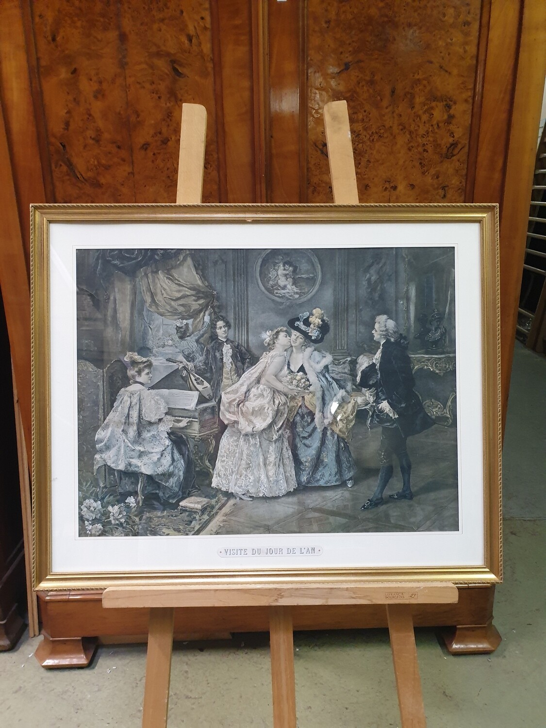 Gravure en couleur représentant une visite du jour de l'an - 48 x 66