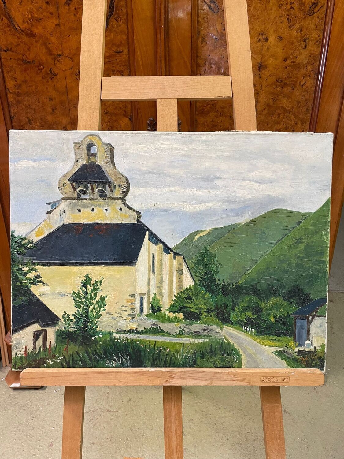 Huile sur toile représentant une église "Joly" - 46 x 61 cm