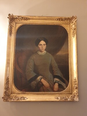Magnifique portrait d'une femme 19è avec son cadre en stuc doré - 118x99cm