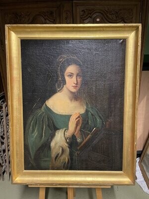 Ecole troubadour du XIXème - Portrait de femme, les mains jointes - 86 x 106