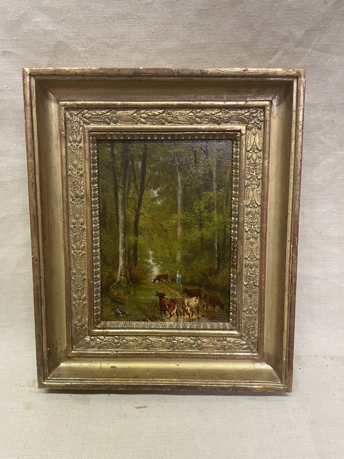 Huile sur bois représentant un chemin dans une forêt - 23 x 28 cm