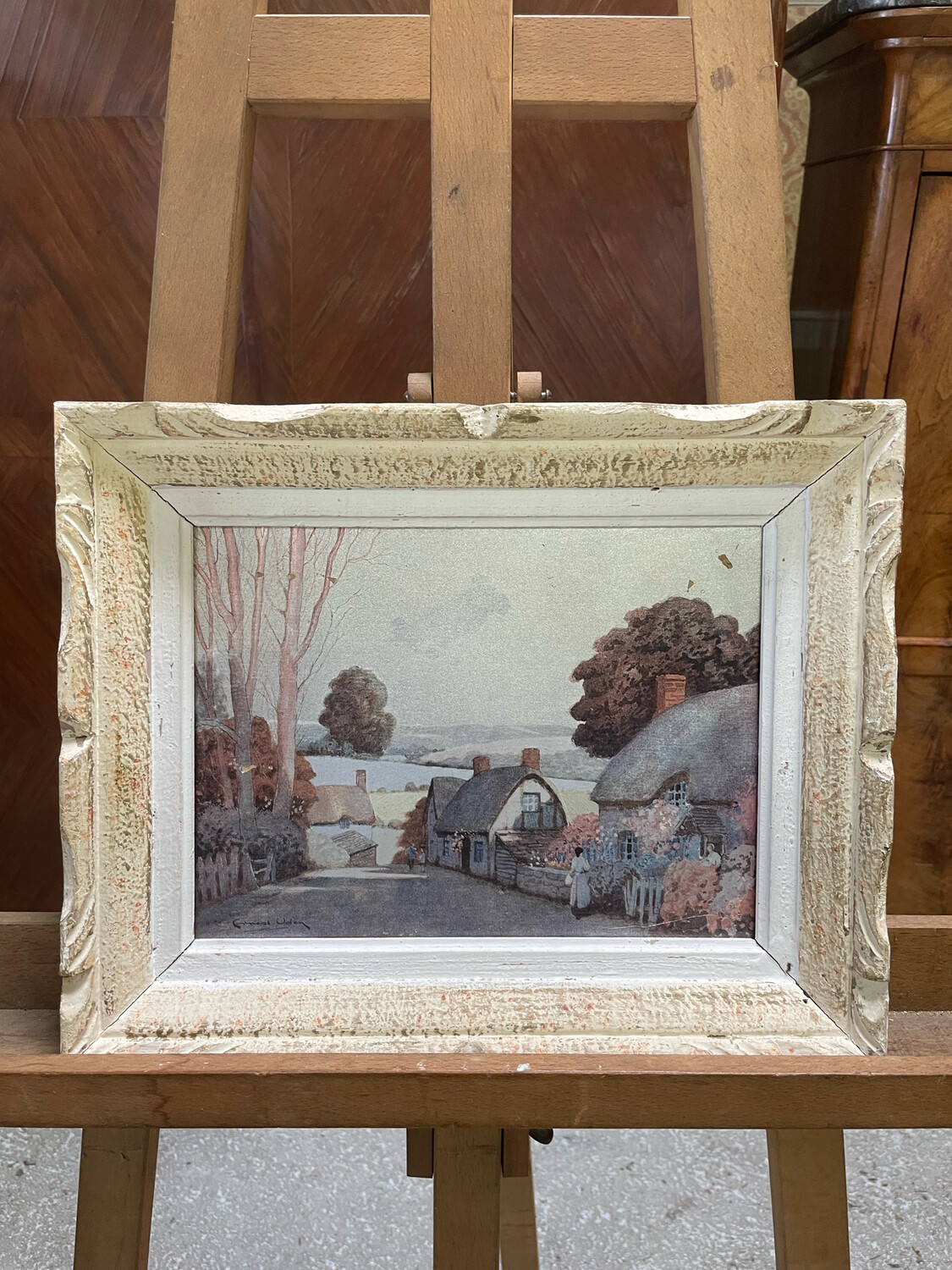 Peinture brillante sur bois représentant un village - 38 x 31 cm