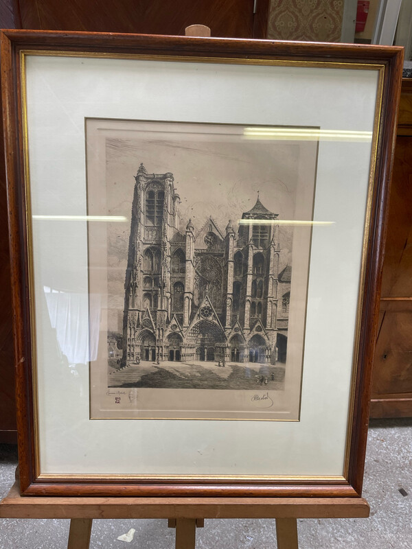 DESBOIS Pierre (1873 - 1939) - Parvis de la cathédrale Saint-Etienne de Bourges, eau-forte, E.A, signée dans la marge - 47 x 34.5 cm