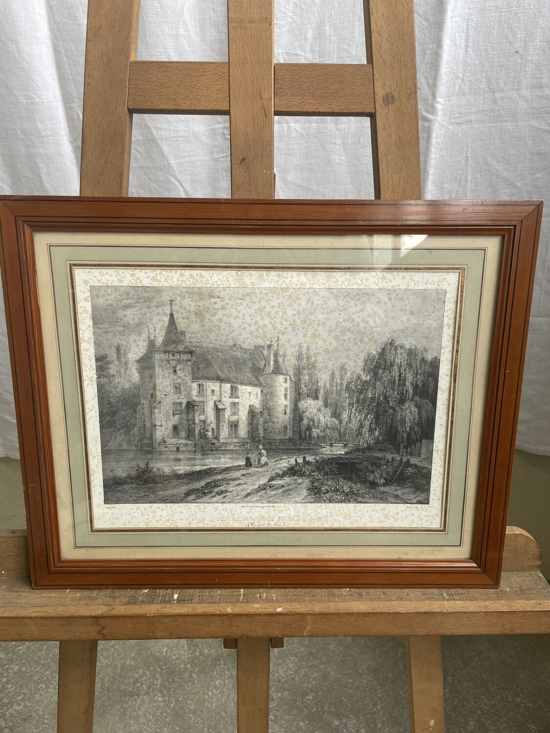 Gravure en noir et blanc représentant le château de Meillant - 37,5 x 46,5 cm