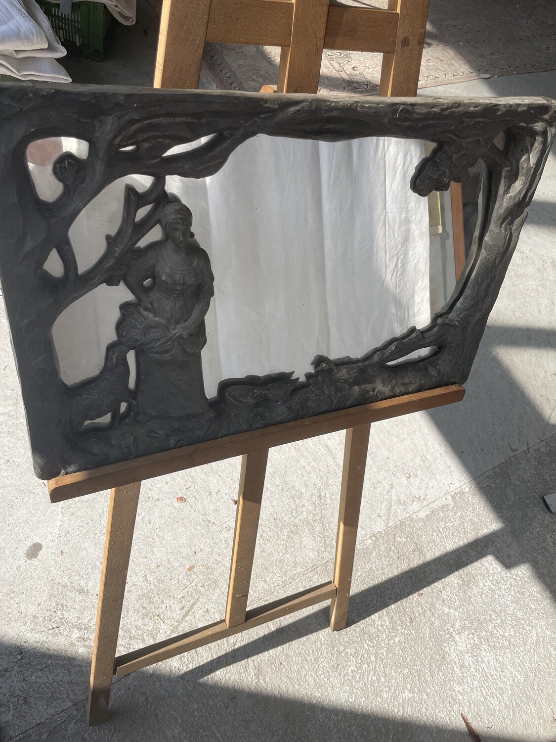 FROMENTEAU : Miroir à cadre en métal représentant une paysanne, mouton et canards dans un paysage -  62,5 x 41 cm