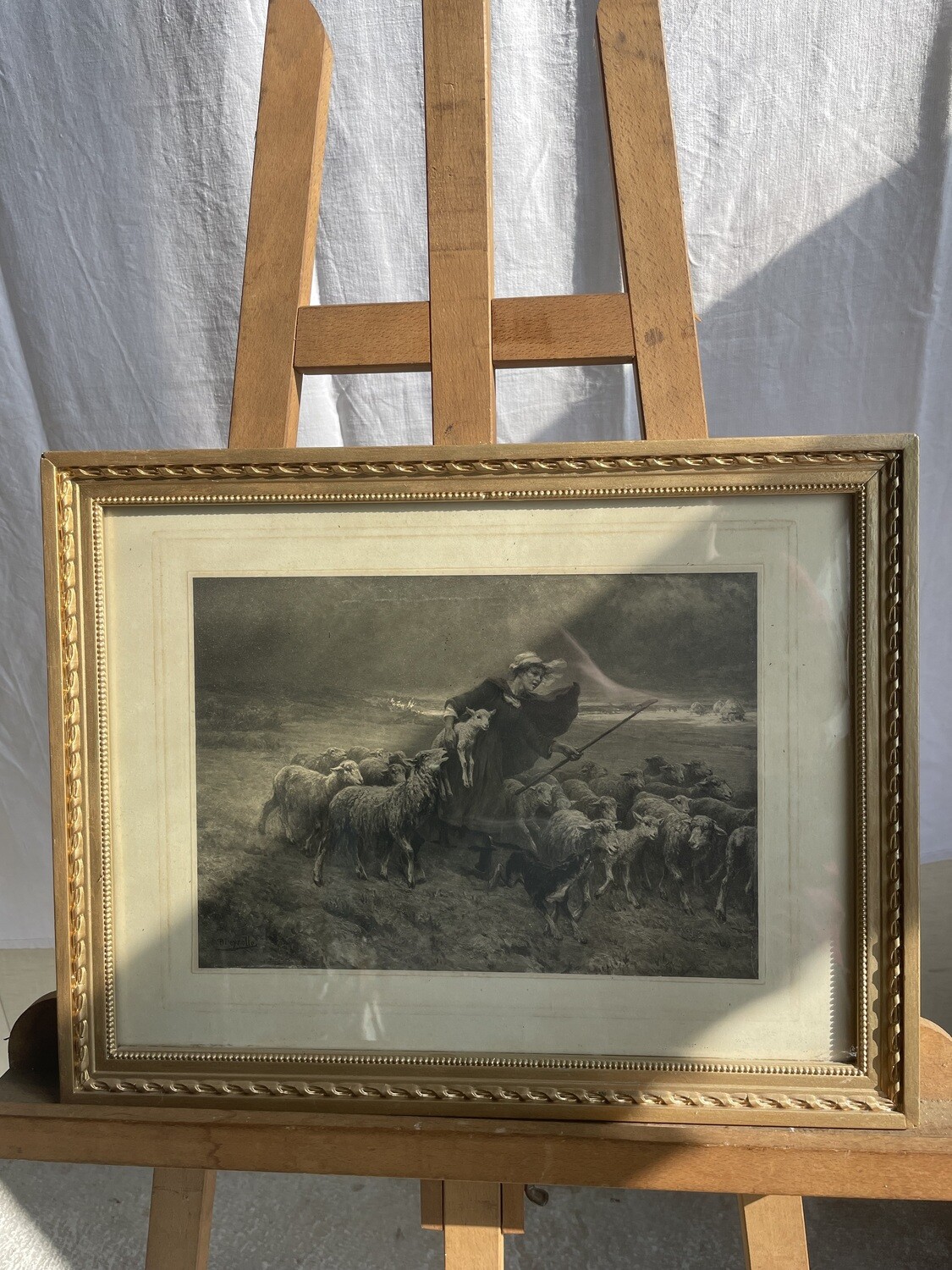 Gravure en noir et blanc représentant une bergère - 50 x 39,5 cm